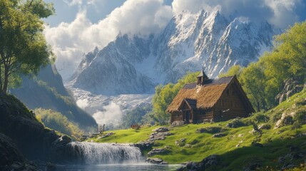 Picturesque Mountain Valley Cottage Landscape