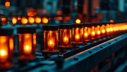 Factory line of burning lights