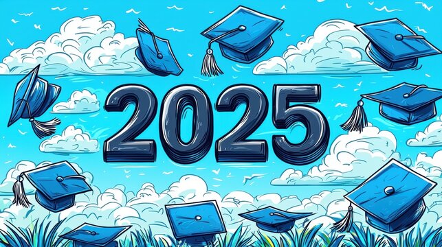 Class of 2025 graduation illustration with blue graduation caps flying in a cartoon-style sky filled with clouds, symbolizing academic achievement, celebration, success, students and graduates
