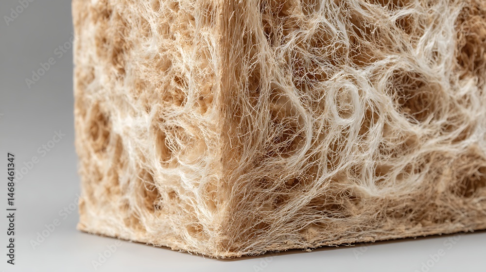 Poster Close, up of a biodegradable mycelium box showcasing its fibrous texture in soft light on a rustic eco, friendly background
