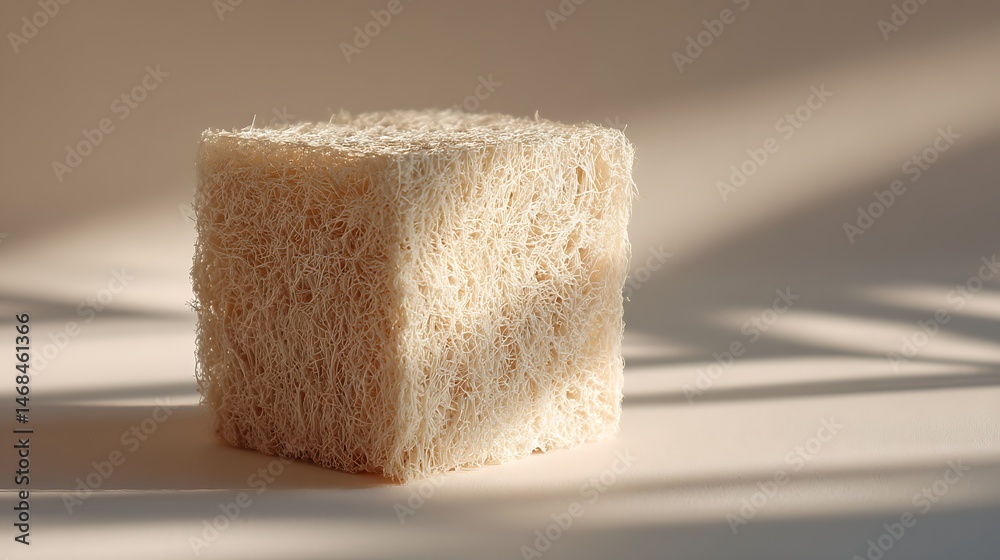 Poster Close, up of a biodegradable mycelium box showcasing its fibrous texture in soft light on a rustic eco, friendly background
