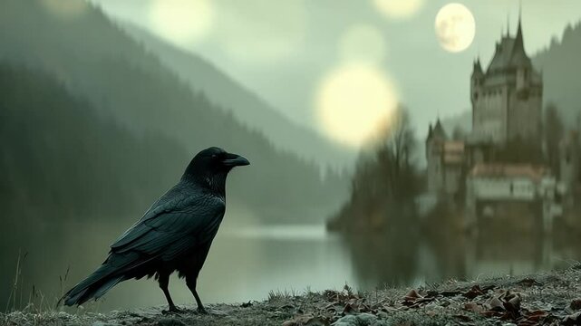 A solitary raven perched on a hill overlooking a misty lake and castle at twilight.  A full moon shines brightly in the background
