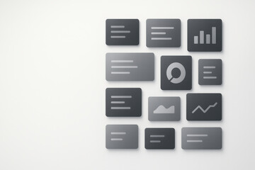 Dark gray digital dashboard icons with charts and text blocks on light background, representing data analysis and business metrics in clean layout