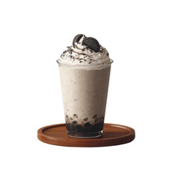 Creamy Oreo Cookie Crumble Frappe in Glass on Wooden Tray