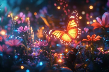 Glowing butterfly amidst enchanted flowers
