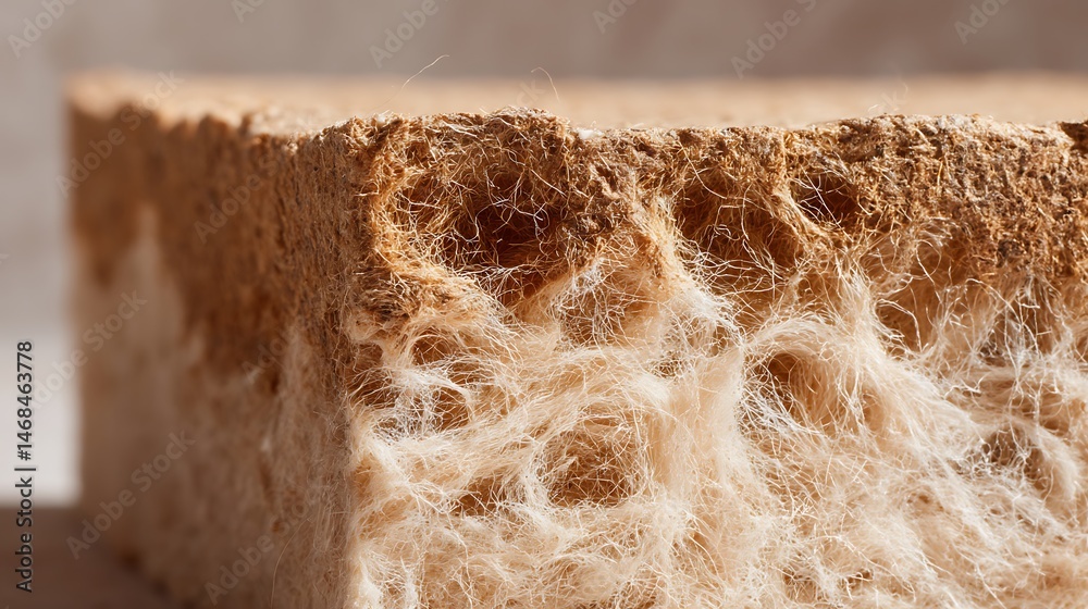Poster Close, up of a biodegradable mycelium box showcasing its fibrous texture in soft light on a rustic eco, friendly background