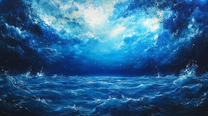 Abstract Blue Night Ocean Painting With Dramatic Waves