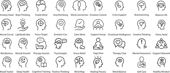 Mental Health Icons Vector Illustration Set.