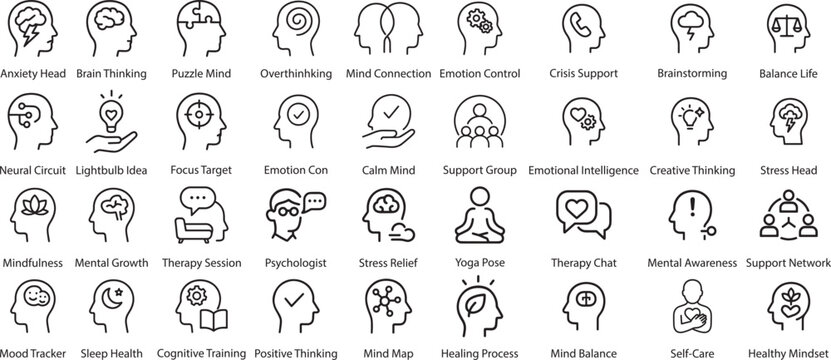 Mental Health Icons Vector Illustration Set.