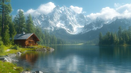 Fototapeta premium Serene Mountain Lake Cabin Escape: A picturesque log cabin nestled by a tranquil lake, majestic snow-capped mountains forming a breathtaking backdrop.