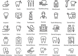 Dentistry Icon Set Vector Illustration. Line Art Dental Care Symbols on White Background.