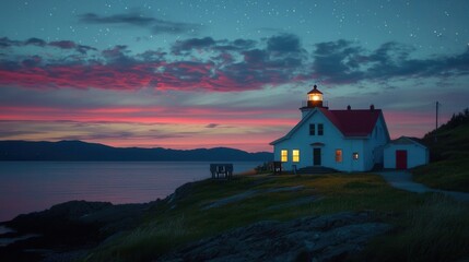 Serene Coastal Lighthouse at Twilight under Starry Sky
