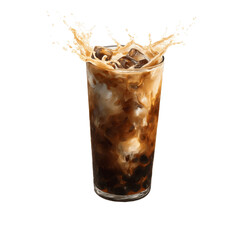 Iced Coffee Splash in Tall Glass with Ice Cubes