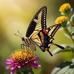 Close-up image of a Swallowtail butterfly with fully spread wings perched on a vibrant flower in a sunlit garden. softly blurred background