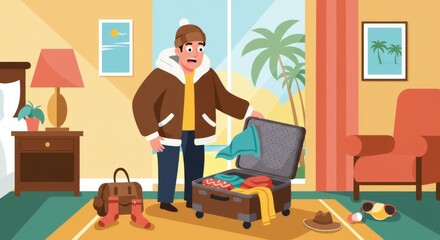 Man packing suitcase in hotel room preparing for tropical climate vacation