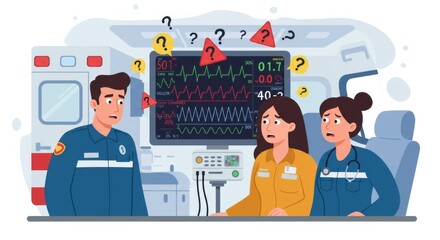Concerned paramedics analyze critical patient data inside ambulance uncertain rescue