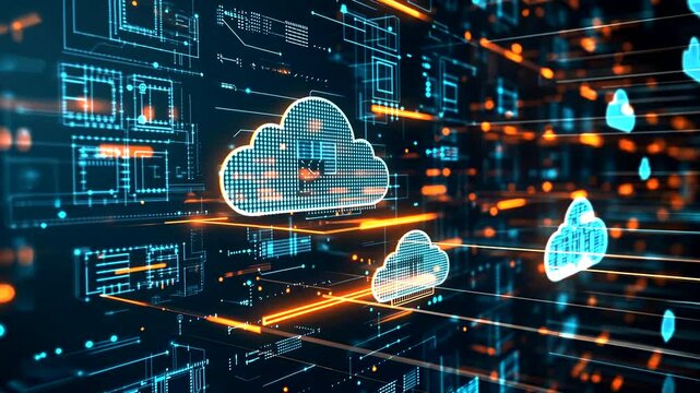 Abstract digital network with glowing cloud icons