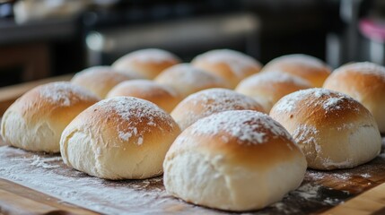 Delightful display of freshly baked buns dusted with a delicate layer of flour