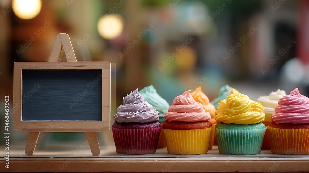 Aufkleber colorful cupcakes displayed with blank mockup template sign in bakery window