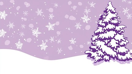 Winter wonderland scene featuring snow-covered pine tree and snowflakes in a purple background