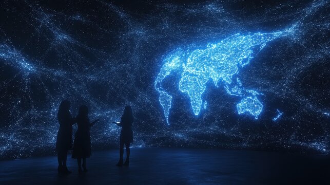 People watching illuminated world map projected on dark wall modern interactive experience immersive technology future visualization