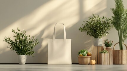Eco Friendly Shopping Bag Mockup with Plants and Produce Sunlight illuminates a stylish home scene