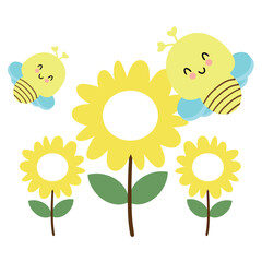 Cute hand drawing cartoon with animal bee and yellow flowers, for cards, sticker, label, tag.