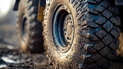 Close-up view of a heavily treaded truck tire from the Dakar Rally, showcasing its rugged design and muddy texture on a challenging terrain. Perfect for motorsport enthusiasts.