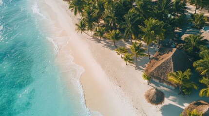 Stunning Aerial View of Tropical Beach Paradise White Sand Turquoise Ocean Palm Trees and Thatch Hut