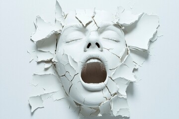 Cracked white face, open mouth