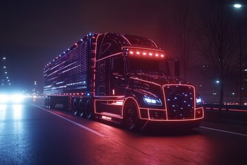 Futuristic semi-truck moving on a city street at night.