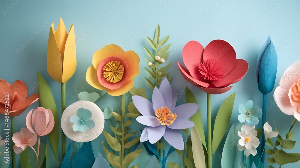 Poster colorful paper flowers in various shapes arranged on a soft blue background creating a cheerful spri