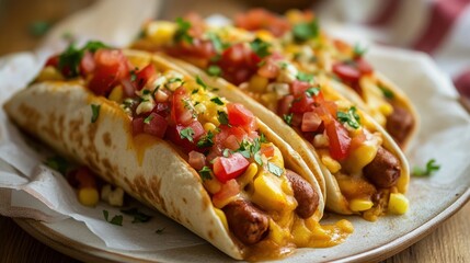 Delectable hot dog tacos drizzled with melted cheese and vegetable toppings