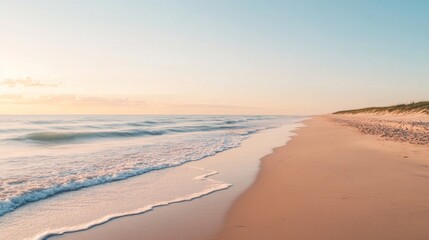 Serene Sunset Beach Scene Soft Waves on Sandy Shore Peaceful Ocean View at Golden Hour