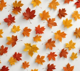 Obraz premium Several maple leaves in various stages of falling, showcasing autumn colors on pure white , autumn leaves, stock photo