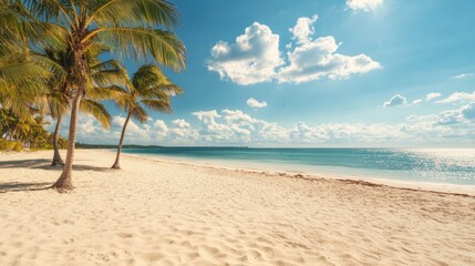 Idyllic Tropical Beach Scene Palm Trees Swaying on Pristine White Sand Under a Sunny Sky