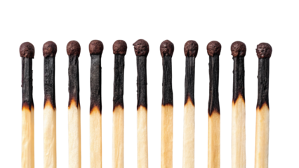 Row of Eleven Burnt Matches with Charred Tips and Wood Showing Gradual Burn Marks, isolated on transparent background