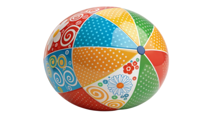 Vibrantly patterned beach ball featuring floral and polka dot designs in bright colors, playfully spherical summer object, isolated on transparent background
