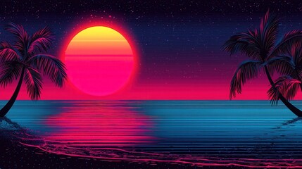 Naklejka premium Vibrant Sunset over Ocean with Palm Trees