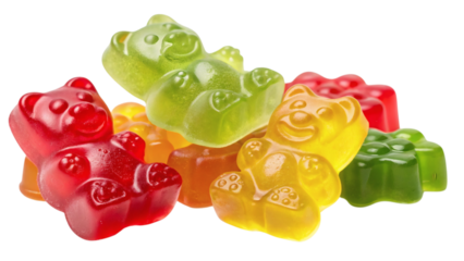 Pile of chewy colorful bear-shaped candies in various flavors, stacked and arranged together in a playful way, isolated on transparent background
