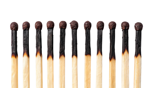 Row of Eleven Burnt Matches with Charred Tips and Wood Showing Gradual Burn Marks, isolated on transparent background - Powered by Adobe