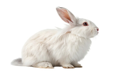 Obraz premium Fluffy white rabbit with pink nose and long ears sitting alertly looking upwards, isolated on transparent background