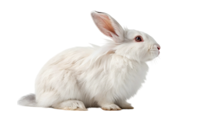 Fluffy white rabbit with pink nose and long ears sitting alertly looking upwards, isolated on transparent background