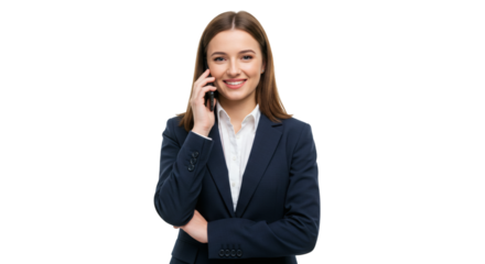 Smiling brunette woman in formal attire holding phone to ear and looking at camera, isolated on transparent background