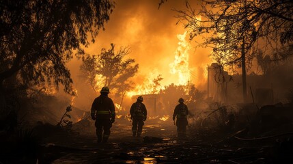 Forest firefighters approach raging wildfire.