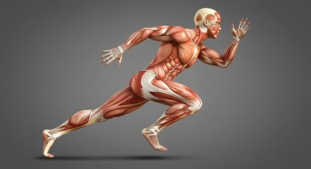 Naklejka premium Anatomical Human Figure Running in a Dynamic Pose with Exposed Muscles on a Solid Background