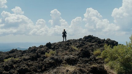 Obraz premium A lone hiker stands atop a volcanic peak, gazing out at a vast, blue-sky landscape dotted with fluffy clouds and distant mountains