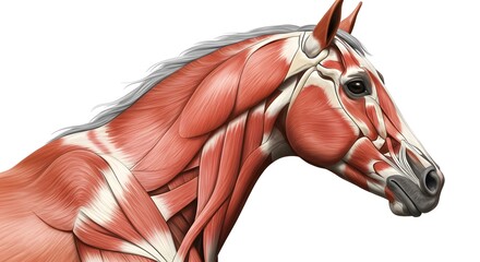 Detailed Anatomical Illustration of a Horse Head Showing Muscles and Skeletal Structure
