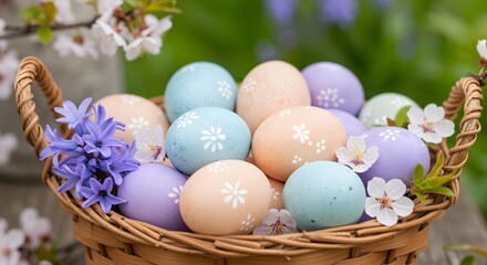 Fototapeta premium Pastel Easter Eggs in a Woven Basket with Spring Blossoms