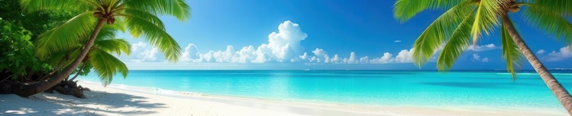 Fototapeta premium Azure waters lap pristine white sand, lush palms sway , getaway, summer